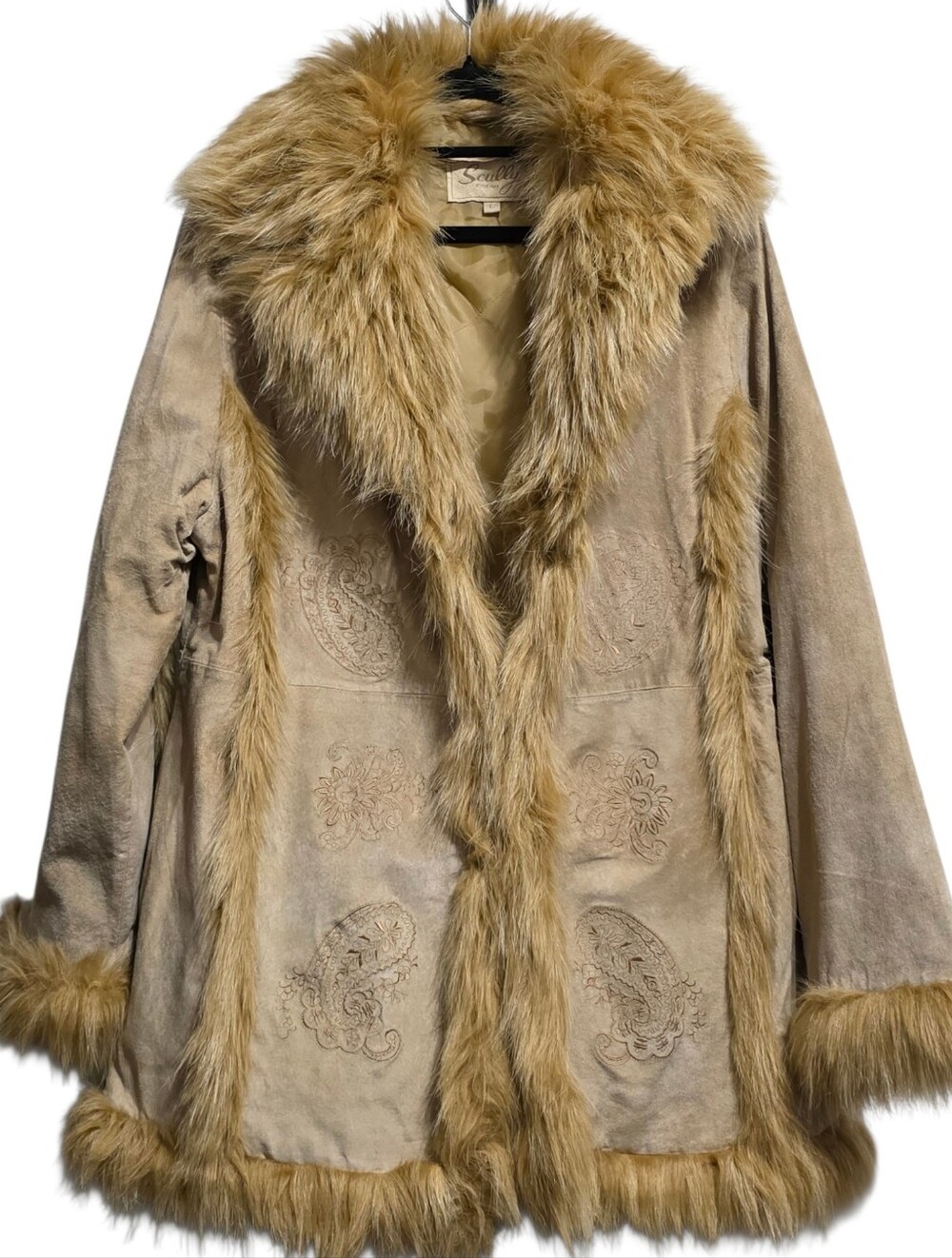 Vtg Scully Genuine Leather Penny Lane Coat Fur Trim Afghan Boho Western Jacket L